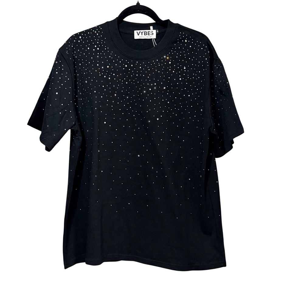 VYBES Mens Black Rhinestone Embellished Short Sleeve T-Shirt Size M New